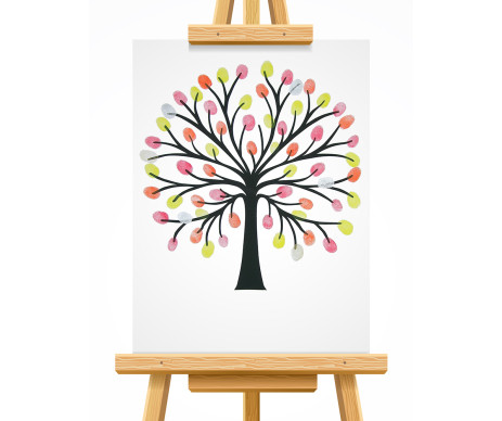 na obrázku je hotový strom života včetně otisků prstů v designu č. 11, který je vytištěný bez lístků a vyrobený bez ozdobného rámu