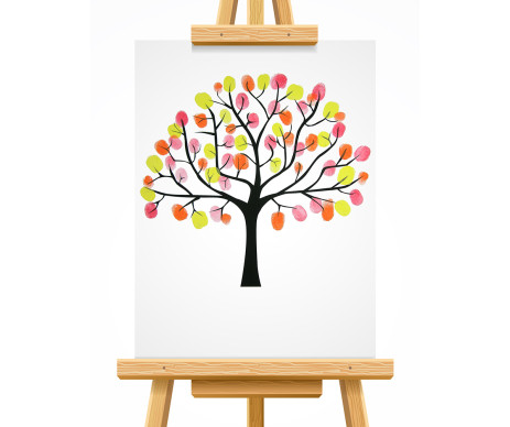 Na obrázku je hotový strom života včetně otisků v designu č. 3, který je tištěn bez lístků a je určen k jejich dotvoření otisky prstů. Je vyroben bez ozdobného rámu.