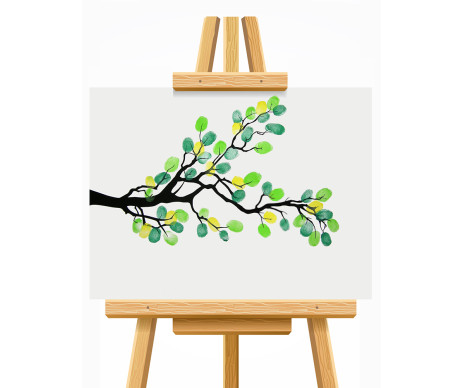 na obrázku je hotový strom života v designu č. 8 s otisky prstů, který je tištěn bez lístků a vyroben bez ozdobného rámu