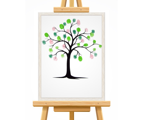 Na fotce je strom života s otisky v designu č. 1, který je tištěn bez lístků a vyroben včetně ozdobného rámu