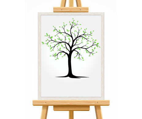 Na fotce je strom života v designu č. 1, který je tištěn včetně lístků a vyroben s ozdobným dřevěným rámem