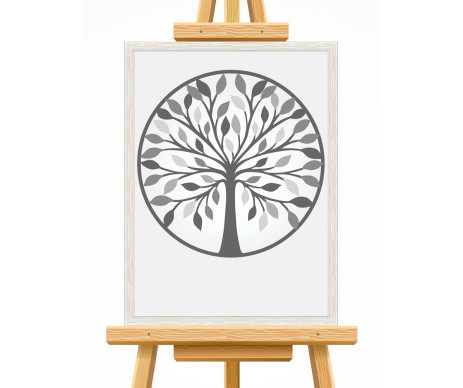 Na fotce je strom života v designu č. 11 v kruhu, který je tištěn včetně lístků a vyroben s ozdobným dřevěným rámem