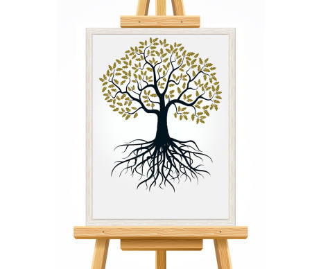 Na fotce je strom života v designu č. 13, který je tištěn včetně lístků a vyroben s ozdobným dřevěným rámem