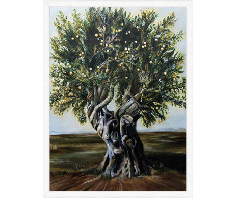 Na fotce je malovaný obraz stromu života, který Vám můžeme vyrobit v pěti možných rozměrech. Obraz je včetně ozdobného dřevěného rámu.